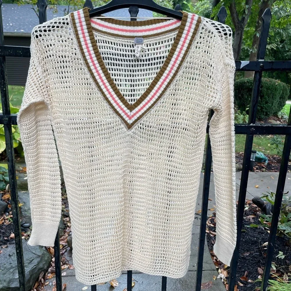WE THE FREE  Crochet Open Knit deep V-Neck Sweater in cream